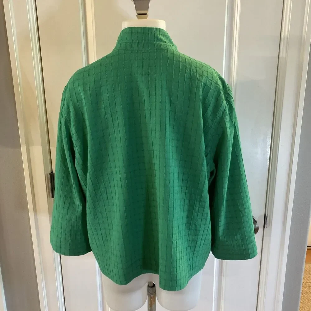 Chicos Kelly Green Cotton Blend Open Front Jacket Size 3 Travelers Collection‎